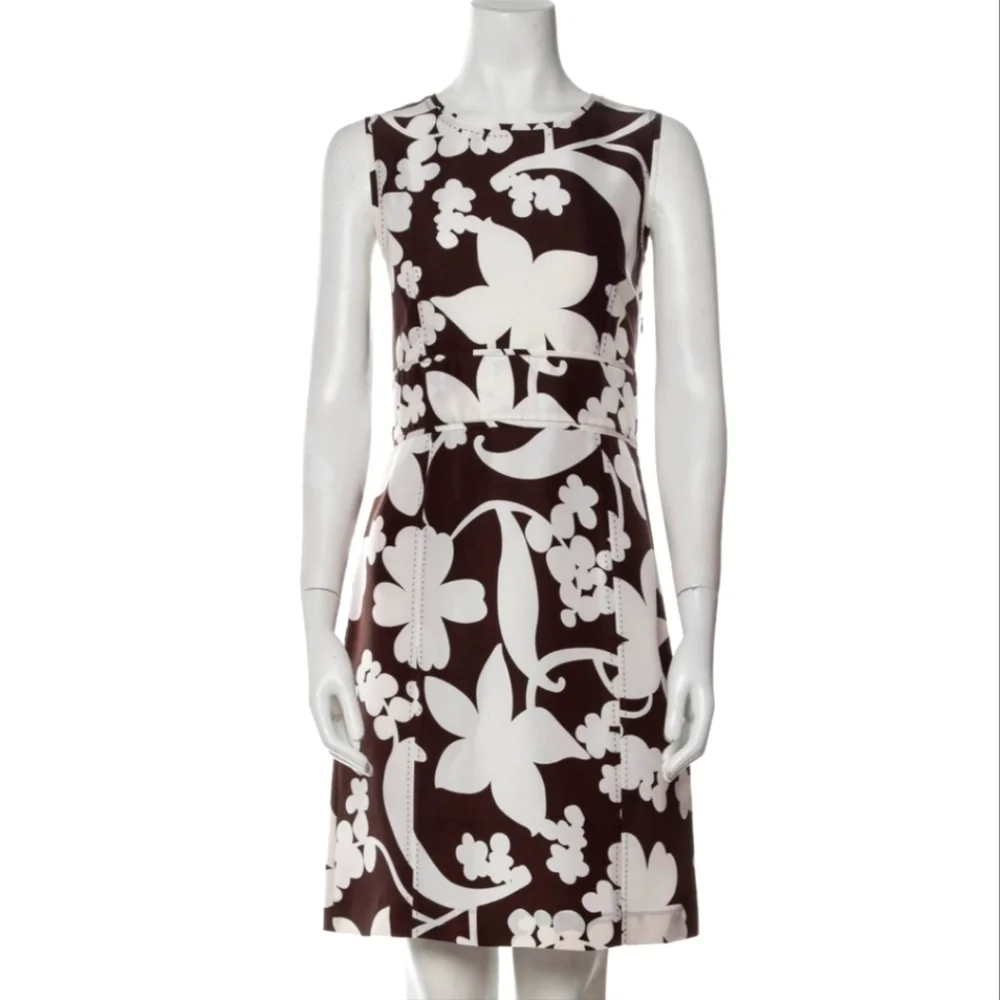 Tory Burch Silk Dress Size 10 Brown White Bold Floral A-Line Top Stitching